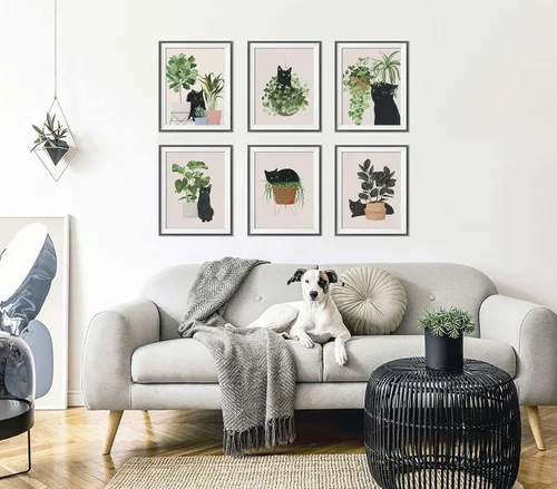 Vista 2 de 6 piezas de arte botánico de pared con diseño de gato negro, hojas verdes, plantas y plantas bohemias, arte de pared minimalista, impresiones