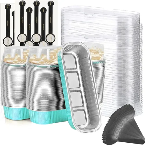 Vista 14 de Findful Mini Moldes para Hornear Pan con Tapas y Cucharas (Paquete de 50, 6.8oz) Moldes Rectangulares de Papel de Aluminio para Hornear Recipientes