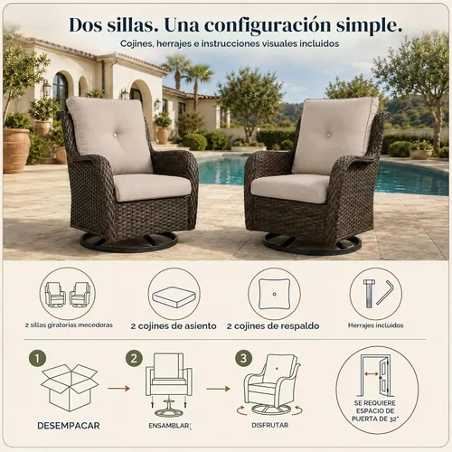 Vista 8 de HUMMUH Juego de 2 sillas giratorias de mimbre para patio, juego de muebles Café/Beige