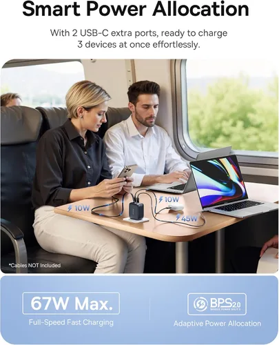 Vista 4 de Baseus Cargador retráctil USB C, 67 W 3 en 1 bloque de carga rápida con enchufe plegable, Enercore CJ11 PD/PPS para Galaxy S25/iPhone 17/16/15