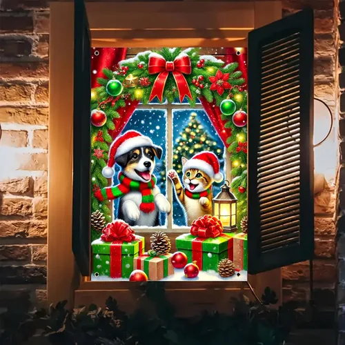Vista 10 de BlissYard Cubierta de ventana de Navidad de 31 x 47 pulgadas, Papá Noel y reno, escena de nieve de invierno, decoración de vacaciones, fondo festivo