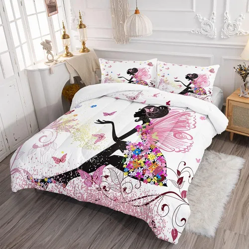 Vista 2 de Juego de edredón romántico para niña de hada, mariposa, flor, hada, para niños y adolescentes, tamaño individual, alas rosas en un vestido floral