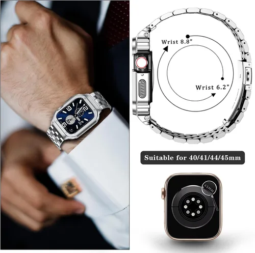Vista 3 de SUPLINK Estuche de acero inoxidable y correa compatible con Apple Watch de 41 mm, 40 mm, 38 mm, protector de goma resistente para iWatch Apple Watch