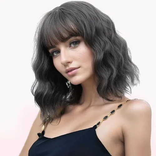 Vista 19 de VCKOVCKO - Peluca de cabello castaño claro rizada con flequillo de aire, onda natural rizada, peluca corta estilo Bob para mujer, longitud hasta
