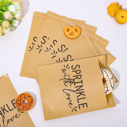 Vista 5 de AnyDesign Paquete de 100 bolsas de bufé de dulces de donas, autoadhesivas, espolvorear con amor, bolsas de papel kraft para golosinas de galletas