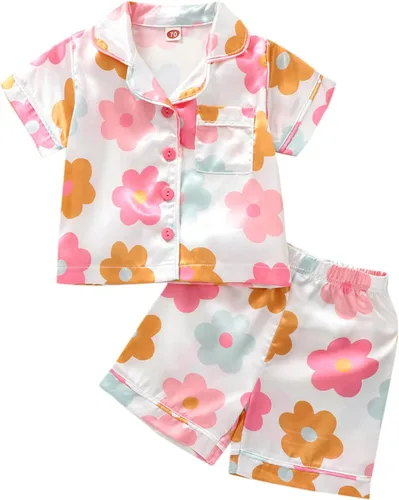 Vista 29 de Conjunto de pijama de satén para bebés y niños pequeños, pijamas de manga larga con botones para niñas 4 de julio