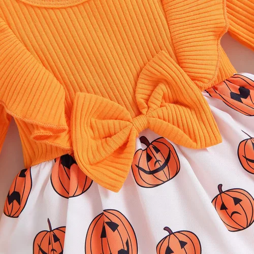 Vista 3 de Vestido de Halloween para recién nacido, con volantes, manga larga, lazo, estampado de calabaza, falda, dobladillo, diadema