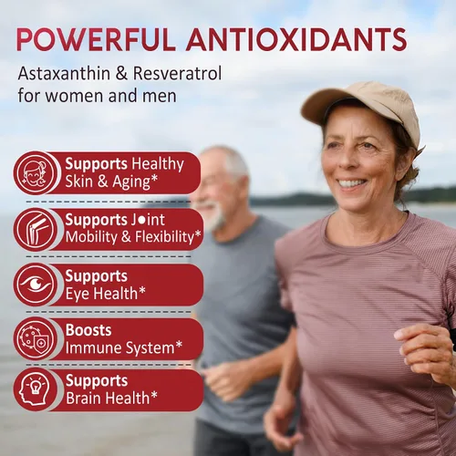 Vista 4 de Suplementos de astaxantina de 24 mg con resveratrol, vitamina B1, aceite de coco, antioxidantes orgánicos de algas para hombres y mujeres