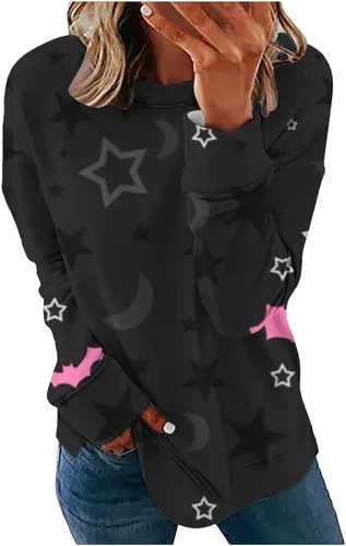 Vista 2 de Sudadera con estampado retro para mujer, camisa de cuello redondo de Halloween, novedad, cuello redondo