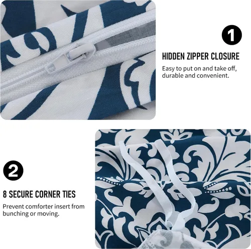 Vista 5 de PERHOM Funda de edredón azul Queen – Funda de edredón de damasco de cachemira tamaño Queen, juego de funda de edredón de 3 piezas, 100% algodón