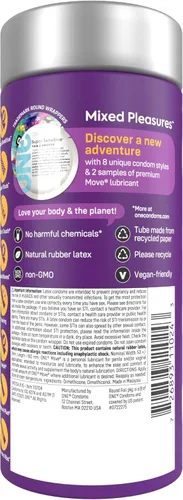 Vista 3 de ONE® Condones Mixed Pleasures™ Paquete variado Preservativos ultrafinos, brillantes, saborizados y texturizados 24