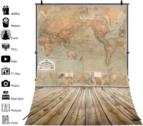 Vista 3 de AOFOTO Mapa del mundo vintage de 3 x 5 pies, fondos nostálgicos, fondos artísticos, pisos de madera retro, adultos, niños, niños, niños, bebés