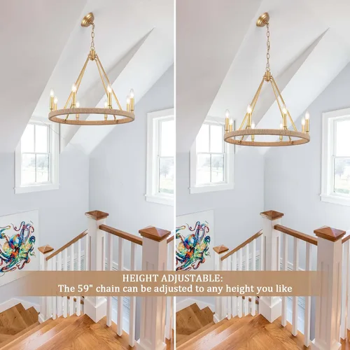 Vista 4 de Candelabro dorado de 24 pulgadas, 8 luces doradas para comedor, lámpara colgante redonda rústica para sala de estar, vestíbulo, entrada, techo alto