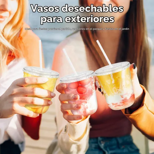 Vista 6 de Paquete de 25 vasos desechables de plástico transparente con tapas y pajitas, tazas de café helado de fondo redondo de 12 onzas, tazas de bebidas