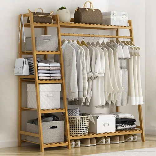 Vista 12 de Perchero de bambú para ropa, con estantes de almacenamiento y ganchos, organizador de almacenamiento de ropa abierto para entrada, dormitorio, sala