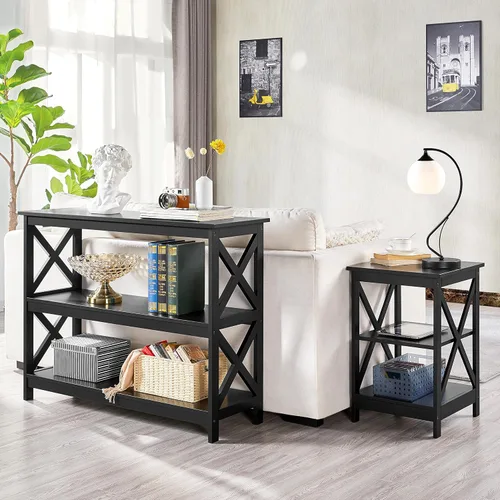 Vista 5 de Yaheetech - Mesa consola con estantes de almacenamiento, mesa de entrada de 3 niveles, mesa lateral para sofá, estrecha y larga, estantería
