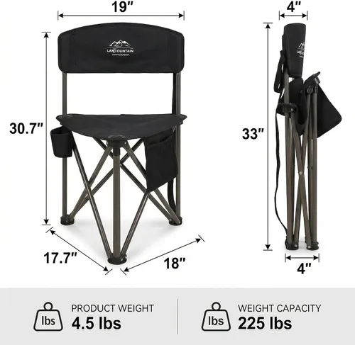 Vista 3 de Paquete de 2 taburetes plegables para acampar con respaldo y soporte para tazas, sillas ligeras y portátiles para exteriores, para adultos, asiento