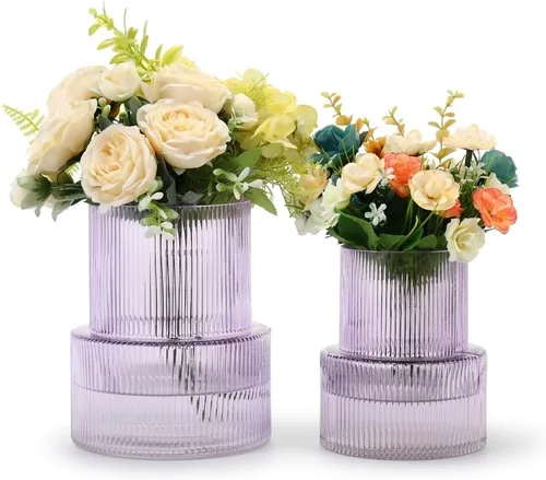 Vista 26 de Jarrones de vidrio acanalado, juego de 2 jarrones estriados para flores, florero de vidrio ámbar para tulipanes, jarrón moderno para sala de estar