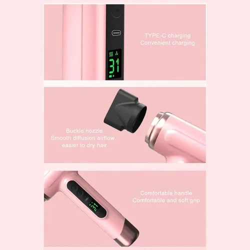 Vista 8 de Secador de pelo inalámbrico, 15600 mAh profesional con boquilla, para viajes (rosa)