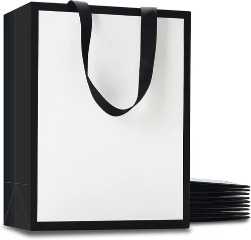 Vista 19 de Bolsas de regalo negras con asas, 10 bolsas de papel kraft de 5.25 x 3.75 x 8 pulgadas para bodas, fiestas, negocios, venta al por menor Negro
