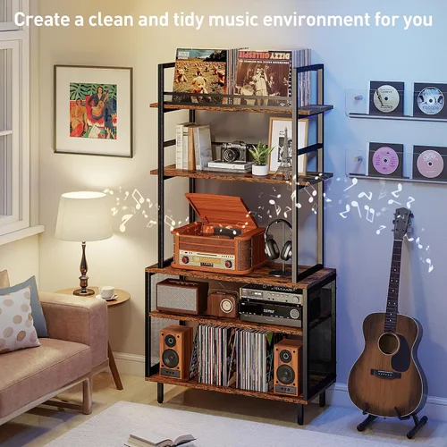Vista 8 de ikkle Soporte grande para tocadiscos con estante de almacenamiento de vinilo, mesa de tocadiscos de 5 niveles de alto con estante de exhibición