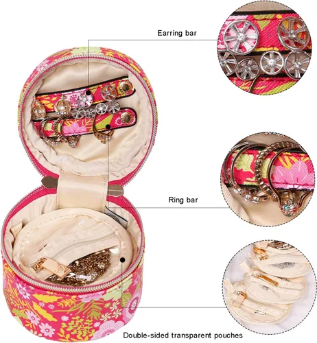 Vista 4 de Angelina's Palace Round Jewelry Organizer Case Travel Bag Bridesmaid Gifts Vegan Leather Box for Necklace Earring Bracelet Ring(blossom fuschia)