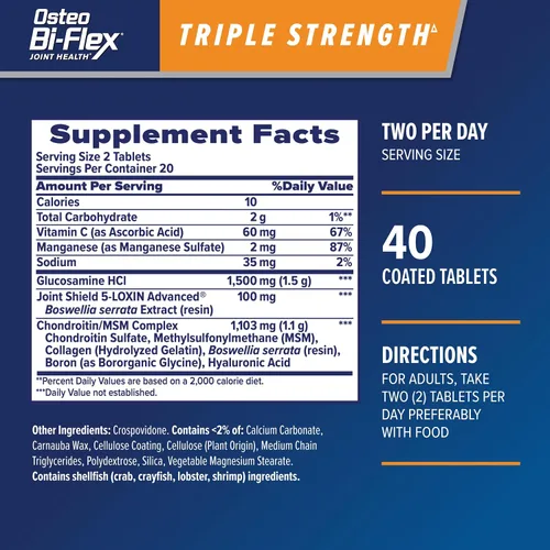 Vista 2 de Osteo Bi-Flex Triple Fuerza(5), Glucosamina Condroitina con Vitamina C - Suplemento para la Salud de las Articulaciones, Tabletas Recubiertas, 40