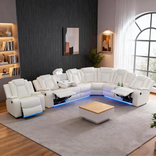 Vista 8 de Juego de sofá reclinable eléctrico, juegos de muebles de sala de estar, juego de sofá modular de cuero con luces LED, portavasos, consola