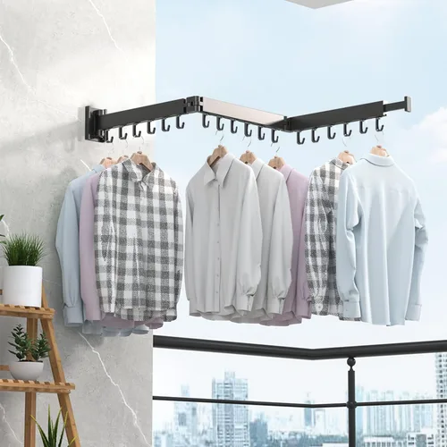 Vista 5 de Perchero de pared para colgar ropa, retráctil plegable para interiores, estante de secado de lavandería, estante de ropa ahorrador de espacio