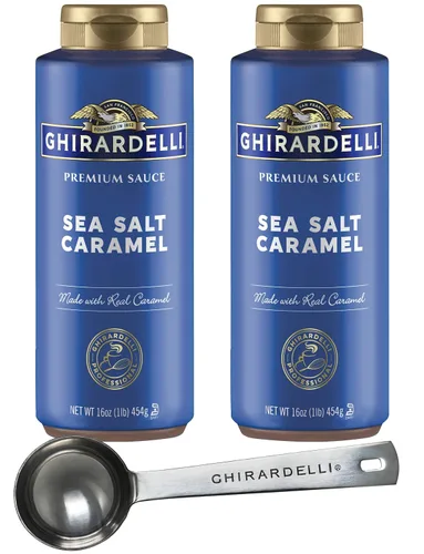 Vista 11 de Ghirardelli Salsa de caramelo, botella exprimible de 16 onzas (paquete de 2) con cuchara de barista estampada Ghirardelli