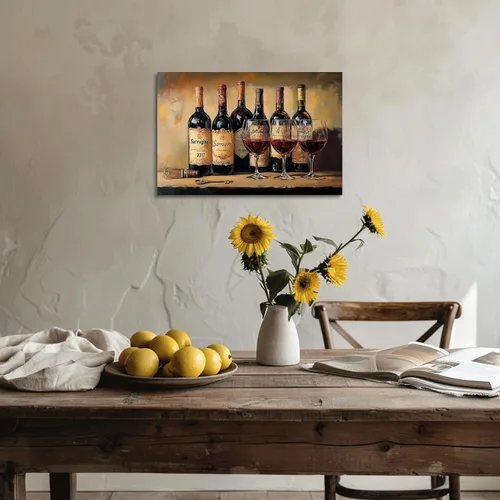 Vista 3 de XLMDYYSW Arte de pared vintage para cocina, imagen rústica de vino tinto y uva, pintura de queso de granja, botella de vino, impresiones en lienzo