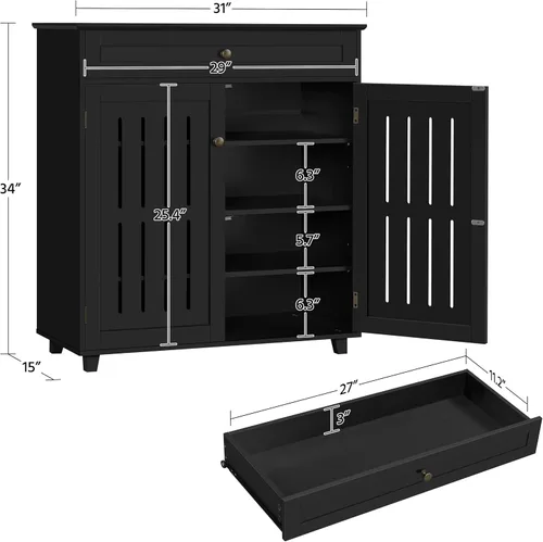 Vista 3 de Topeakmart Zapatero con puertas, zapatero de madera para pasillo, negro Estante de 4 capas y un cajón; dos particiones de nivel ajustables; MDF