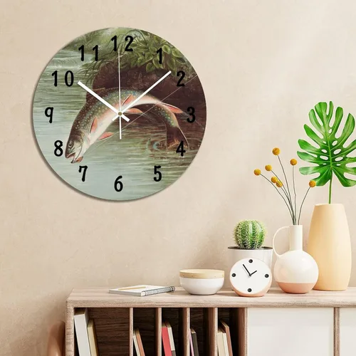 Vista 4 de Reloj de pared de peces de trucha arco iris, relojes de PVC para decoración de dormitorio, relojes de pared a pilas de 10 x 10 pulgadas, reloj