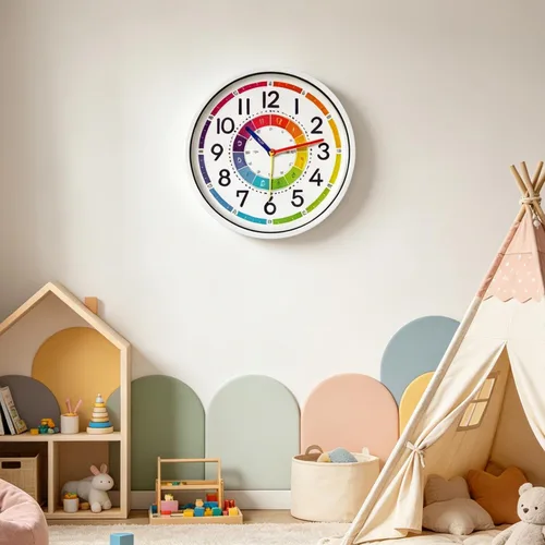 Vista 5 de Reloj de pared para niños, reloj de pared silencioso de 12 pulgadas para niños, reloj de pared decorativo de cuarzo silencioso sin tictac para aulas