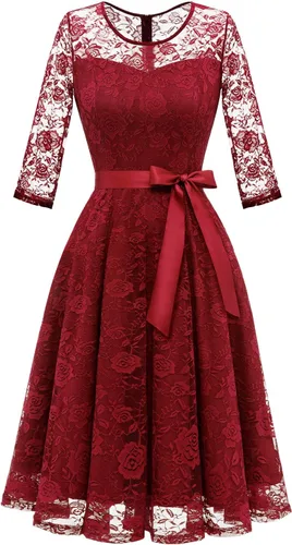 Vista 15 de Dressystar Vestido de encaje floral para mujer, corto, para dama de honor, con cuello transparente B- Borgoña