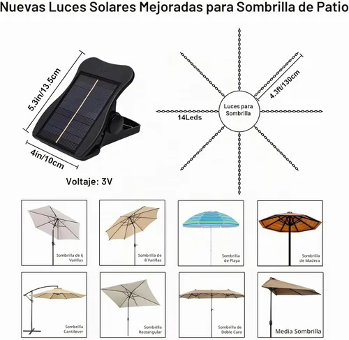 Vista 2 de luces de sombrilla solar, 8 hebras de luces de sombrilla para patio al aire libre con 8 modos, panel solar de 3V, clip con 112 LED, luces al aire
