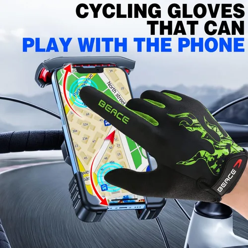 Vista 2 de BEACE Guantes de ciclismo para hombres y mujeres, guantes de ciclismo de montaña con pantalla táctil y palma de silicona antideslizante, guantes