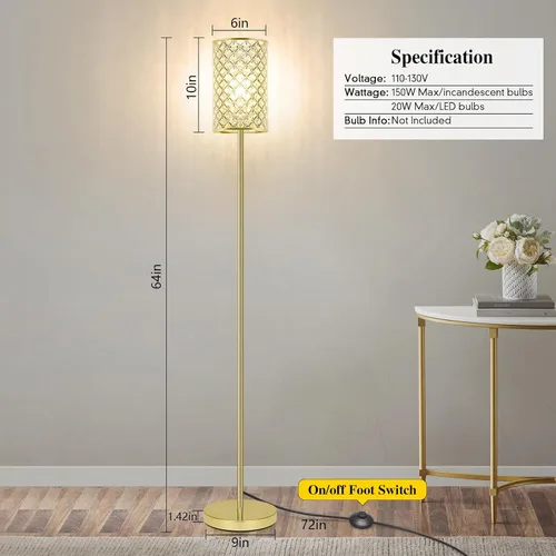Vista 3 de Lámpara de pie dorada, lámpara de pie de cristal con pantalla decorativa, lámpara de pie con interruptor de pie de encendido/apagado y base E26
