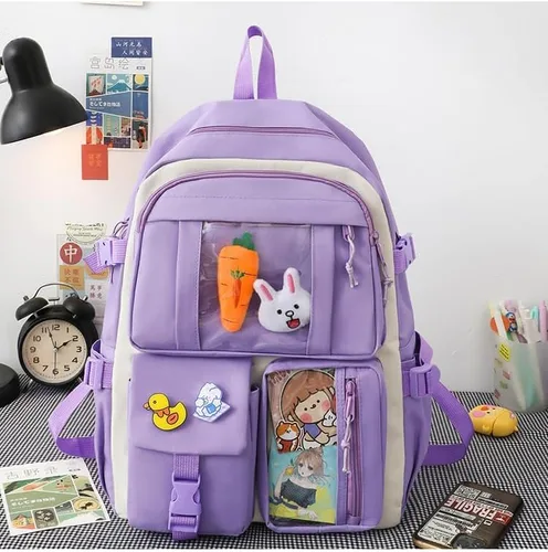 Vista 7 de Mochila Kawaii con colgantes y alfileres Kawaii, juego de 5 piezas para adolescentes y niñas, mochila escolar linda mochila estética, B1