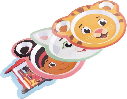 Vista 3 de Daniel Tiger - Juego de platos de alimentación de melamina, cuatro (4) lindos platos para niños con Daniel, carrito y amigos, compartimentos