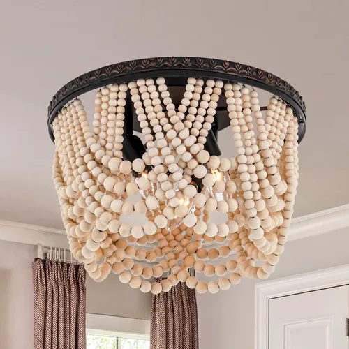 Vista 9 de Lámpara de techo de madera con cuentas de granja, 3 luces, estilo bohemio, con cuentas de madera, accesorios de iluminación vintage para entrada