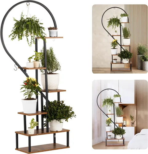 Vista 9 de IDZO - Estantería de metal en forma de media luna para plantas, estantes múltiples para interiores, marrón oscuro, ideal para la decoración