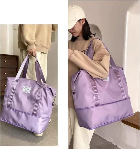 Vista 7 de Bolsa de viaje de gran capacidad, bolsa de lona expandible, resistente al agua, plegable, con compartimentos húmedossecos, bolsa de viaje de gran