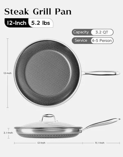 Vista 2 de Sartén antiadherente con tapa de 12 pulgadas, sartén de acero inoxidable duradera, compatible con placa de inducción, sin PFOA, a prueba