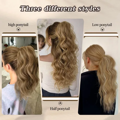 Vista 7 de FREEMEIGE Extensión de cola de caballo con clip de garra para mujer, extensiones de cabello sintético corto ondulado de cola de caballo de 16 27/613A