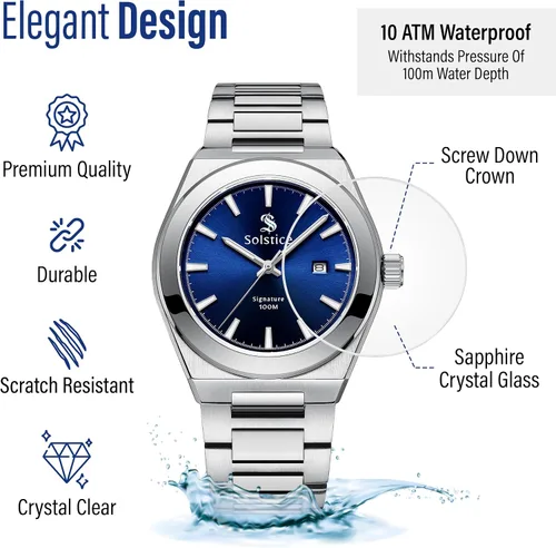 Vista 5 de Solstice Reloj de acero inoxidable para hombre - Cristal de zafiro - Reloj resistente al agua para cada ocasión