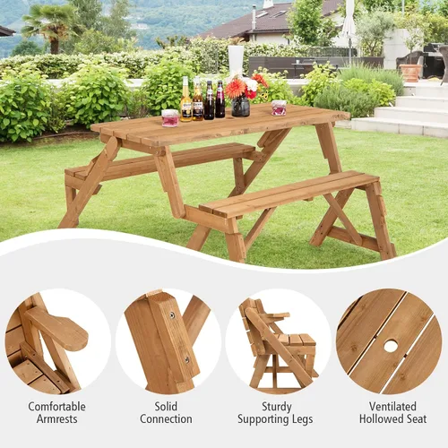 Vista 7 de GYMAX Mesa de picnic, juego de mesa de picnic convertible 2 en 1, mesa de picnic de madera intercambiable transformable con agujero para paraguas