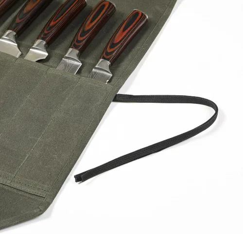Vista 5 de Bolsa de rollo de cuchillo de lona encerada resistente, bolsa portátil para cuchillos de chef, duradera (verde militar)