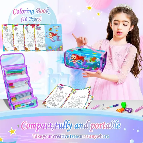 Vista 5 de weirtoya 56 marcadores perfumados lavables con estuche con purpurina, arte y manualidades de unicornio de sirena para niños de 4 a 8 años, kits
