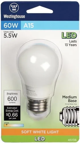Vista 3 de Westinghouse Lighting 4513600 - Bombilla LED A15 equivalente a 60 W, color blanco suave, con base media, 1 unidad (paquete de 1), paquete individual